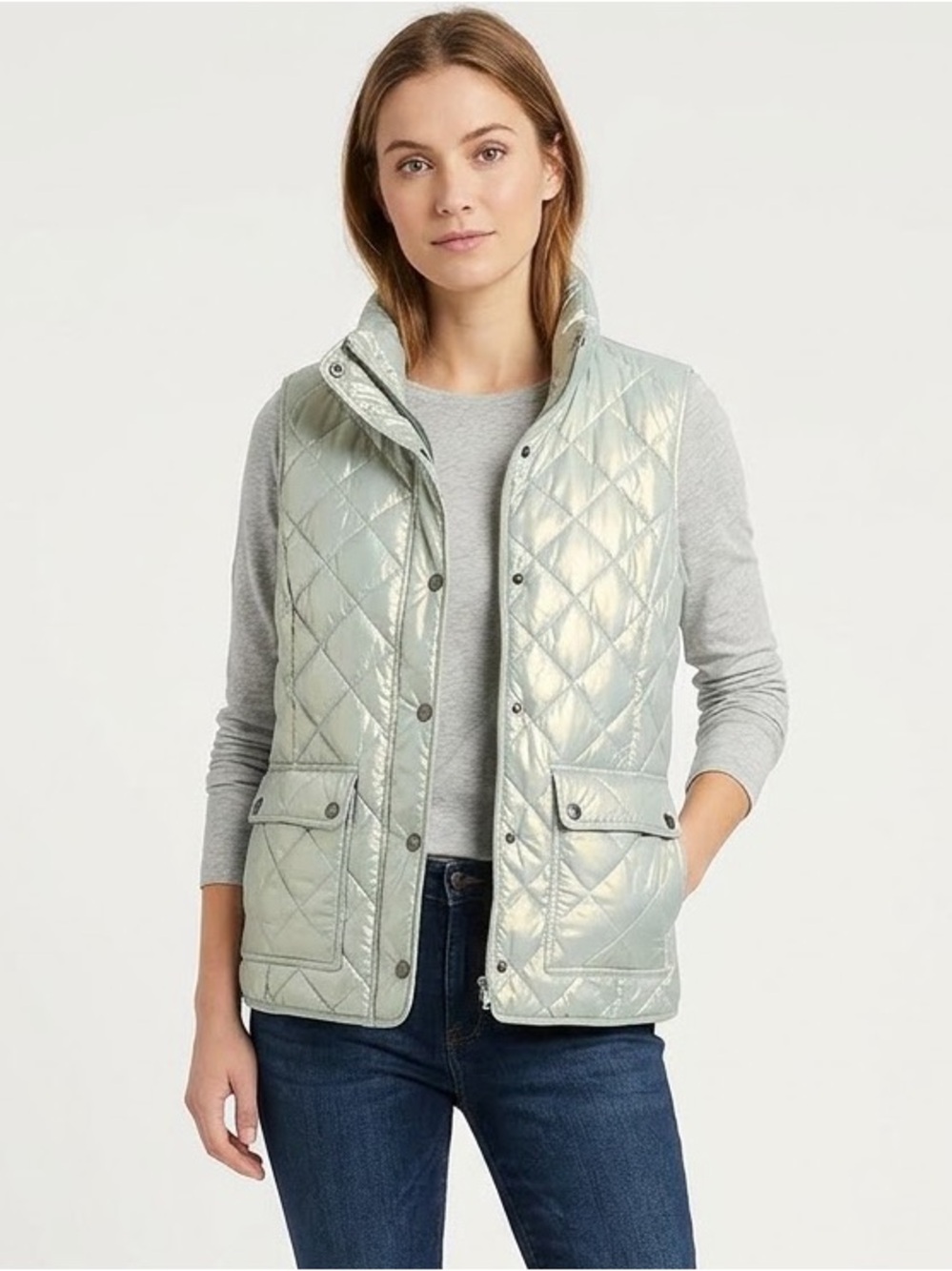 Talbots Metallic Silver Quilted Down Filled Vest Medium New